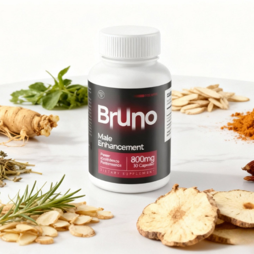 Bruno dietary supplement bottle displayed with natural herbal ingredients